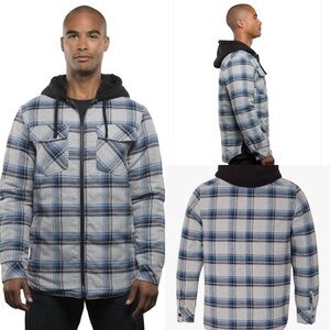Burnside Men's Quilted Flannel Hooded Jacket Size L Grey Blue Plaid BASF Logo